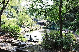神川町矢納フィッシングパーク入口より池を望む写真